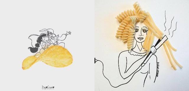 Alimentos e objetos de nosso cotidiano mesclados em ilustrações